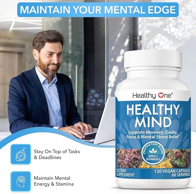 Healthy Mind - Safe for Teens - Brain Fog - Cognitive Function - Concentration - Focus - Neural Optimization - Mood - Ginkgo Biloba - Ginseng - Rhodiola - Bacopa - Gotu Kola - Green Tea - 150 Count