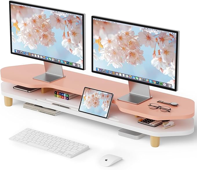 2 Tier Dual Monitor Stand Riser,Wider Board Computer Monitor Stand for 2 Monitors,Slot For Phone/Tablet Office Desktop Organizer for Laptop,PC,Computer,Printer,Pink