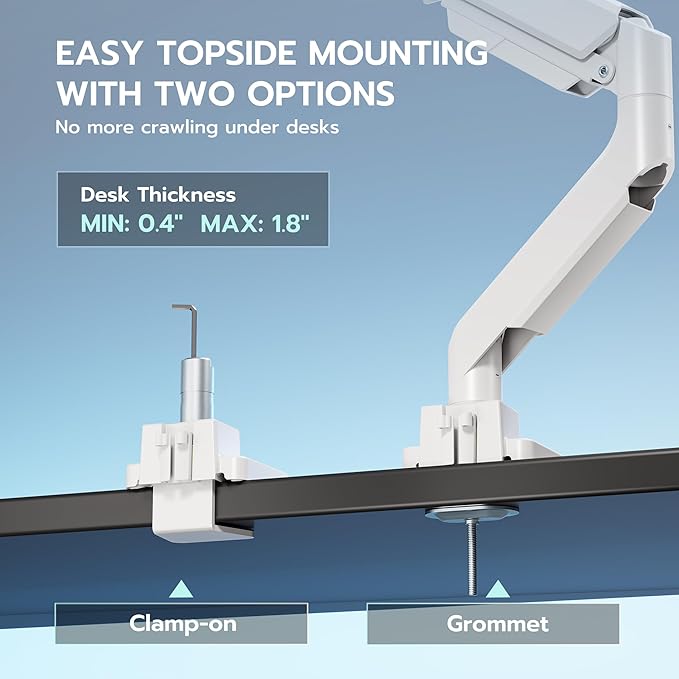 ARES WING Single Monitor Arm, Heavy Duty Adjustable Monitor Arm for 13"-49" Screens with USB, Gas Spring Desk Mount Stand with C Clamp/Grommet Mounting Base up to 40lbs Computer, White