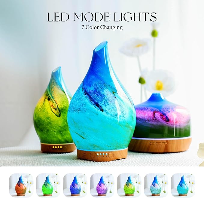 Porseme 280ml Essential Oil Diffuser Glass Color Changing Aroma Air Diffusers Aromatherapy Ultrasonic Cool Mist Humidifier 7 Running Hours Waterless Auto-Off for Sleeping, Yoga, Office (Blue Grass)