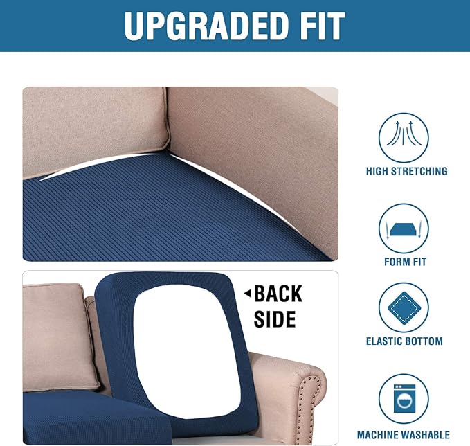 H.VERSAILTEX Super Stretch Couch Cushion Covers Sofa Cushion Slipcovers Jacquard Fabric Individual Seat Couch Slipcover Sets for Pets with Elastic Bottom(3 Packs Cushion Sofa Covers, Navy)