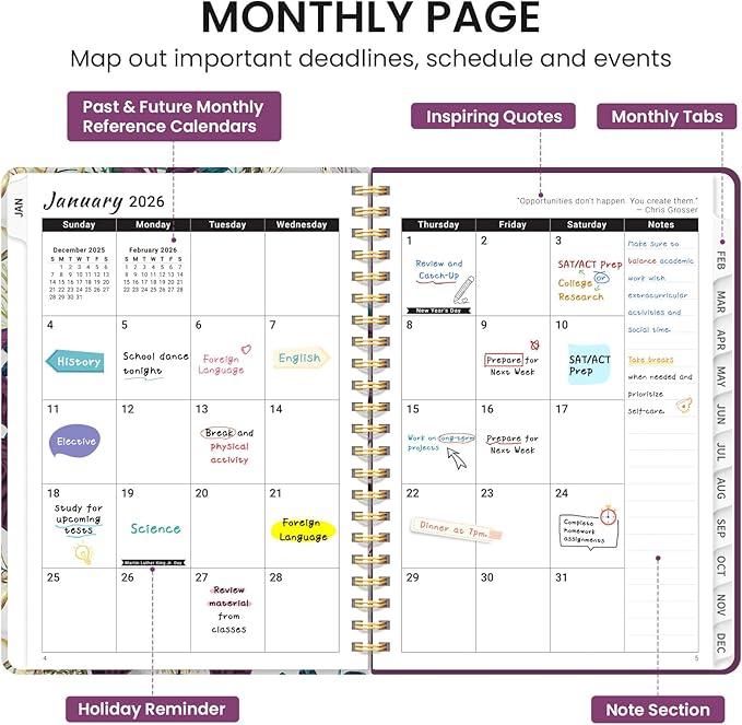 2026 Planner, Monthly and Weekly Calendar Planner for Women, January 2026 - December 2026, Hardcover Pretty 2026 Agenda Planner Book with Tabs, Spiral Bound, Perfect for School Office Home Supplies, 6.3" x 8.5" - Jungle