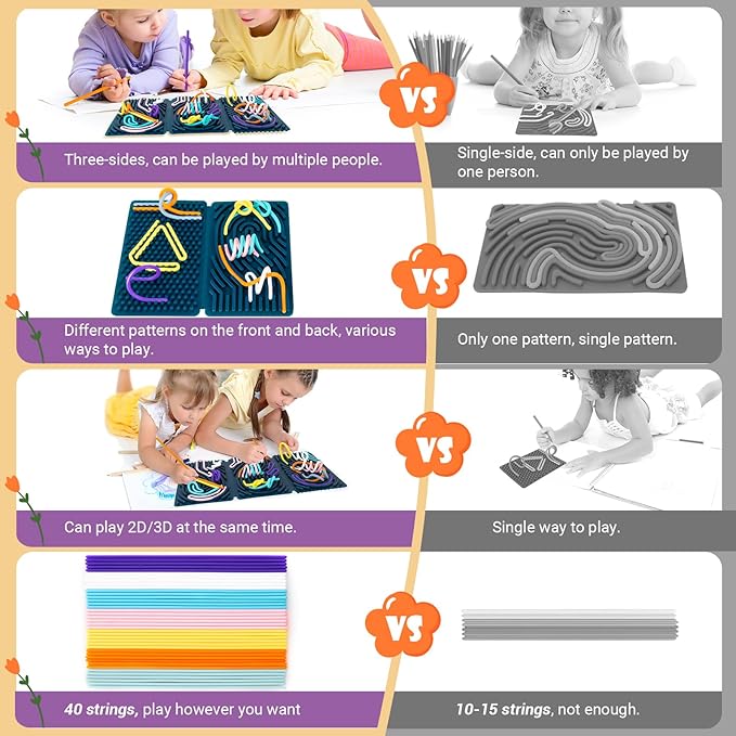 Sensory Activity Board, Six-Sided Silicone Sensory Fidget Toy with 40 Strings for Autism, Stress Relief, Calming, Focus & ADHD, Great for Kids 3+ & Adults with User Guide & Portable Travel Bag