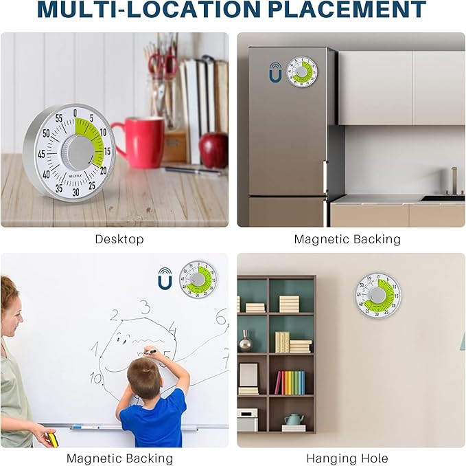 Secura 60-Minute Visual Timer 6-Inch Mechanical Countdown Timers for Teaching, Meeting, Cooking, Working - Timer for Kids with Magnetic Backing, Foldable Legs, Hanging Hole (Green)