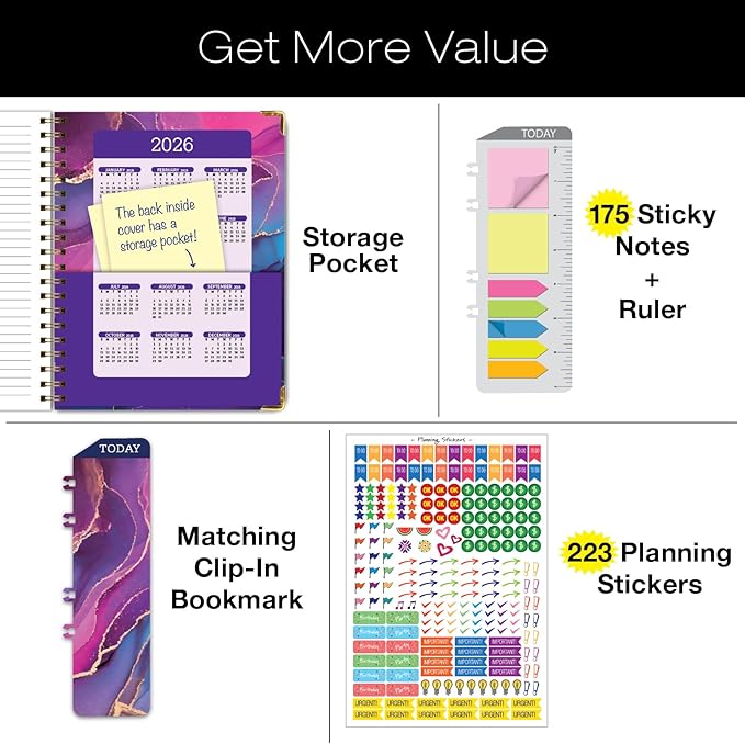 HARDCOVER Academic Year 2025-2026 Planner: (June 2025 Through July 2026) 8.5"x11" Daily Weekly Monthly Planner Yearly Agenda. Bookmark, Pocket Folder and Sticky Note Set (Pink Purple Marble)