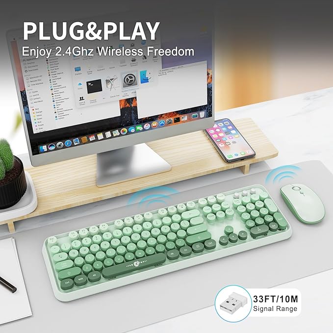 Wireless Keyboard Mouse Combo,104 Round Keys Cute Colorful Keyboard Retro Typewriter Style,Letton Full Size Keyboard with Number Pad&Mouse with 3 DPI for PC Mac Laptop Computer Windows-Green