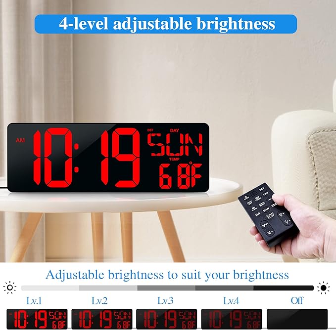 Large Digital Wall Clock with Remote Control 17.2" LED Large Display Timer with Temperature Date Week Auto DST Adjustable Brightness, Big Wall Alarm Clock for Living Room Office Garage Gym Seniors