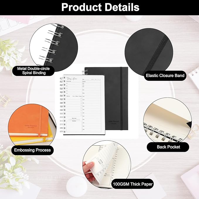 PATIKIL Undated Daily Planner with Hourly Schedule, A5 5.5"x 8.5" To-Do List Hard Cover Spiral Notebook Appointments Planner with Inner Pocket to Organize Daily Tasks Agendas, Black