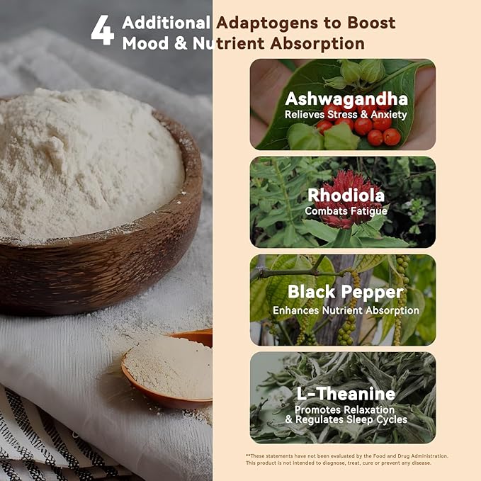 Mushroom Powder, 16-Mushroom Adaptogen Blend with L-Theanine for Coffee, Tea, Milk, Fruit Salad, Smoothies, or Recipes (180g/90 Servings)