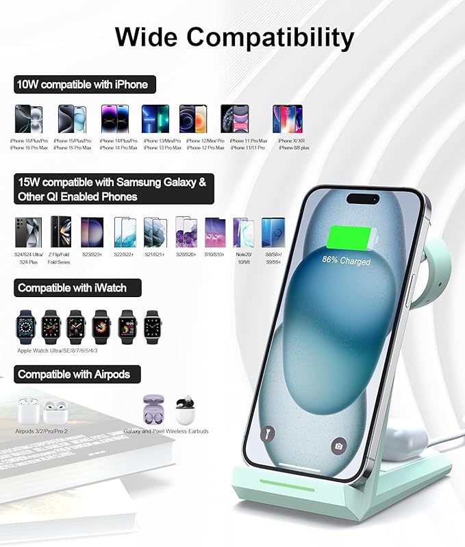 Wireless Charging Station for iPhone - ADADPU 3 in 1 Charger Stand for iPhone 17 16 15 14 13 12 11 Pro Max XR 8 Plus, Wireless Charging Dock for Apple Watch 9/8/7/SE/6/5/4/3/2, AirPods Pro/3/2 (Green)