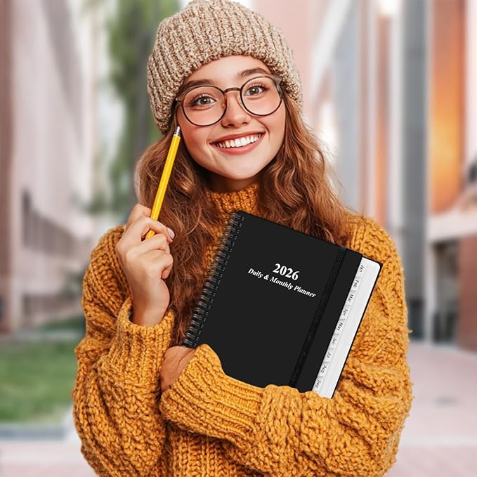 2026 Daily & Monthly Planner - One Page Per Day, Daily Planner from January 2026 - December 2026, Planner 2026 with 12 Monthly Tabs, 8.5" x 11", Black