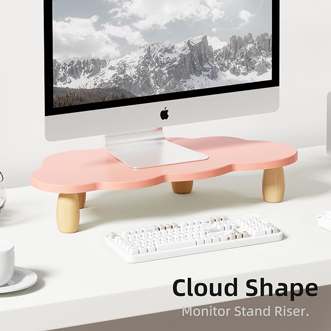Monitor Stand Riser,Cloud-Shaped Sturdy Wood Computer Monitor Riser, Laptop Monitor Stand, Multi-Purpose Desktop Organizer Riser for Computer, Laptop, Printer, TV,Pink