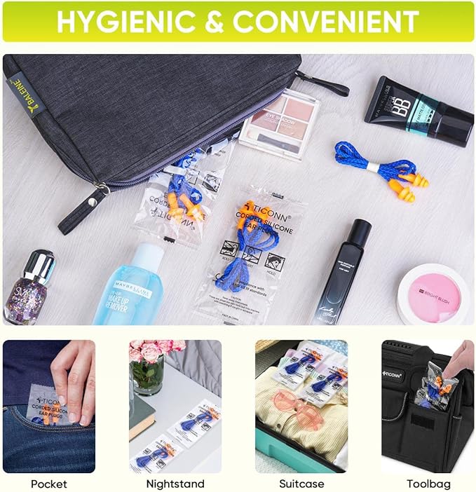 TICONN 12 Pairs Reusable Silicone Ear Plugs for Sleeping Noise Cancelling, 25dB NRR Corded Earplugs for Study Concentration Travel (12 Pairs)