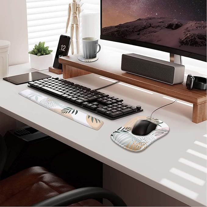 Haocoo Keyboard Wrist Rest, Ergonomic Mouse Pad, Gel Wrist Pas for Computer Keyboard, Non-Slip Mouse Pad Wrist Support for Gaming,Office, Boho Tropical Leaves