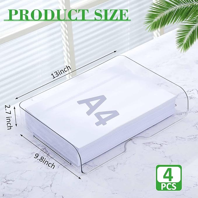 Juexica 4 Pcs Stackable Clear Letter Trays Organizer for Desk A4 Size File Paper Organizer Acrylic Desk Organizer Trays with Anti Skid Bottom for Home Office School (Horizontal Opening Style)