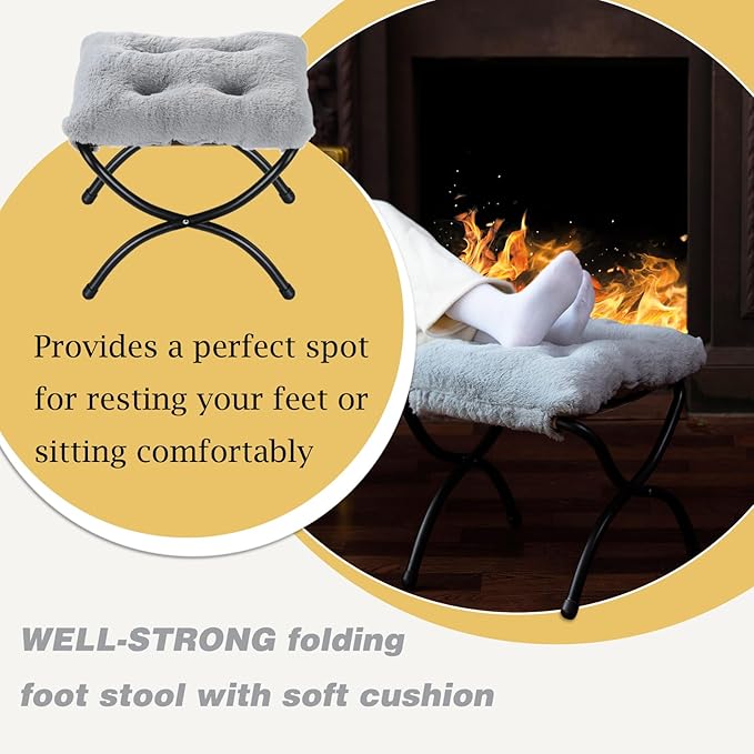 15" Foldable Foot Stool Ottoman with Metal Frame - Washable Faux Fur Grey Upholstered Indoor/Outdoor Footrest for Living Room, Bedroom, Patio - Space-Saving Compact Design
