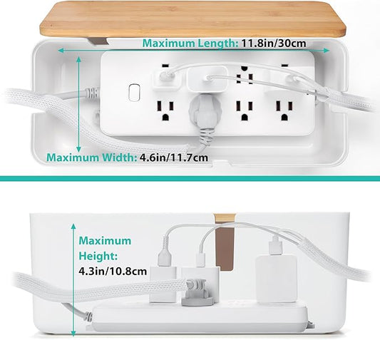 Cable Management Box with Bamboo Lid, White Cable Box Small Cord Hider Box Cord Organizer Box to Conceal Surge Protector, Desk/TV/Computer Wires, Power Strip Box Cord Management Box for Tidy Space