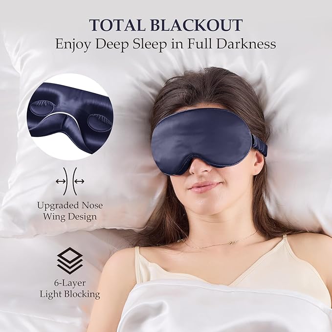100% 22 Momme Mulberry Silk Sleep Mask with Adjustable Strap, 3D Contoured Cup Silk Eye Mask for Sleeping, Total Black Out, Navy Bule