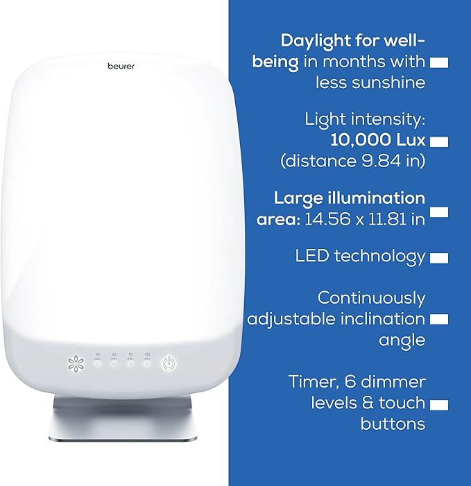 Beurer TL95 Light Therapy Lamp 10,000 Lux, UV-Free Extra Bright Daylight Lamp with 6 Dimming Levels, Timer & Memory Function to Boost Mood, Fight Winter Blues, Improve Sleep & Increase Energy