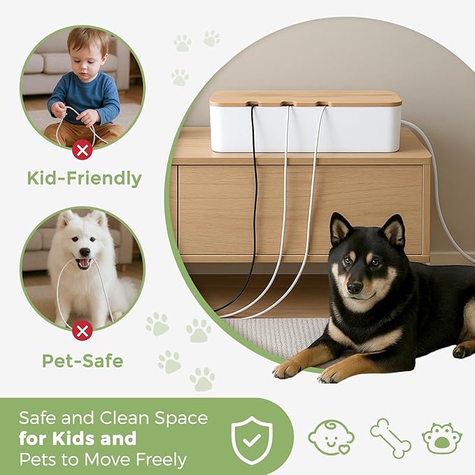 Cable Management Box, Cord Cable Organizer Box with Bamboo Lid, Under Desk Cable Management with 10 Cable Ties and 2 Cable Clip Holders for TV Router Computer USB Hub White