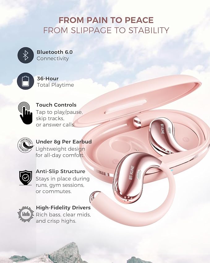 Open Ear Bluetooth Headphones, Bluetooth 6.0, Open Ear Earbuds, 36H Playtime, Flex EarHook for Sports, Running, Workouts - Comfortable Lightweight Earbuds with Touch Control (Pink)