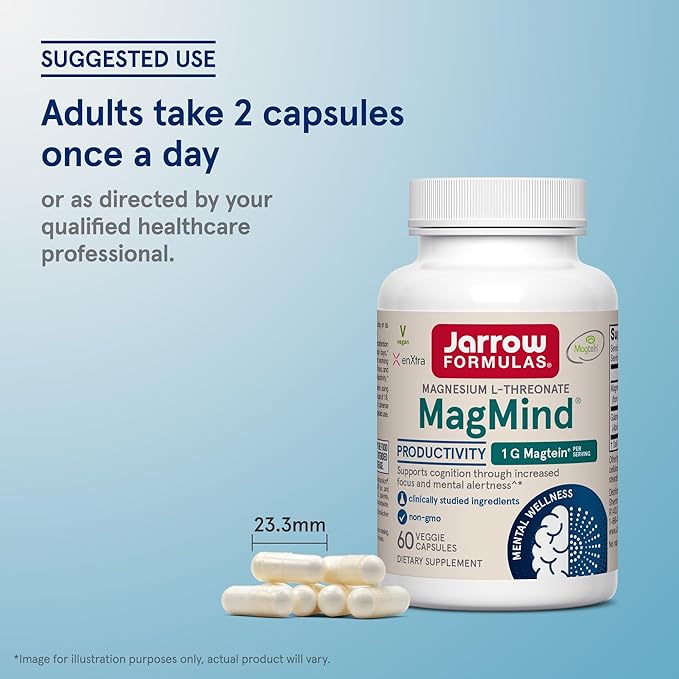 Jarrow Formulas Magnesium L-Threonate, MagMind Productivity, High Absorption Magnesium, Brain Supplements for Memory and Focus, 60 Veggie Capsules, Up to a 30 Day Supply
