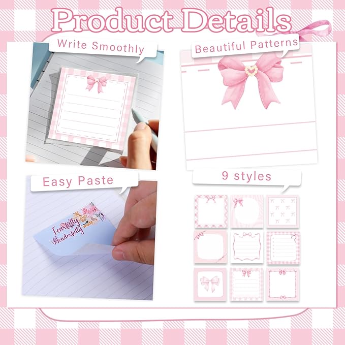Pink Bow Sticky Notes Gifts - Lovarywow 9 Pack Pink Bow Sticky Notes Set 3x3 Inch Bowknot Post Notepads Gifts for Girls Women Cute Self Adhesive Memo Pad Office School Supplies 450 Sheets