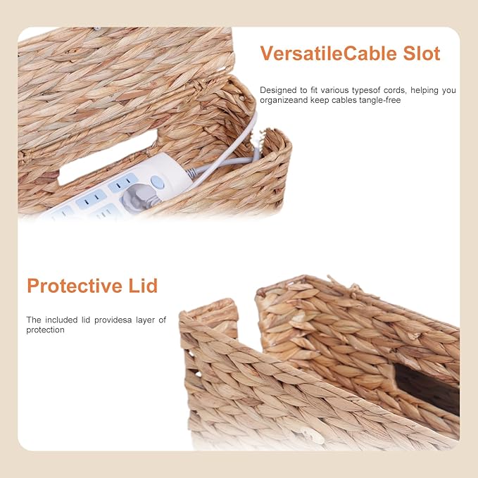 Cable Management Box, Handwoven Water Hyacinth Cable Organizer Box Set, 2-Pack Natural Water Hyacinth Cord Hider Box with Dual Openings & Lid - Hide Power Strips, Cords for Desk/Floor/Office
