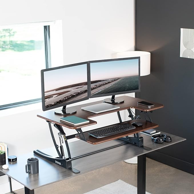 VIVO 42 inch Height Adjustable Stand Up Desk Converter, V Series, Quick Sit to Stand Tabletop Dual Monitor Riser Workstation, Dark Walnut Top, Black Frame, DESK-V000VLD