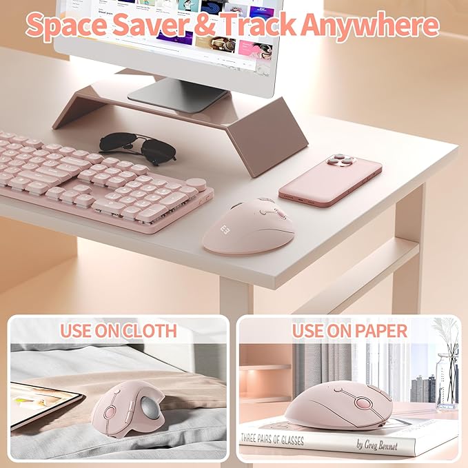 seenda Wireless Trackball Mouse, Bluetooth Ergonomic Rollerball Mouse, Rechargeable Multi Devices USB/Bluetooth Connection Thumb Control Compatible for Mac/Android/Windows Computers, Rose Pink