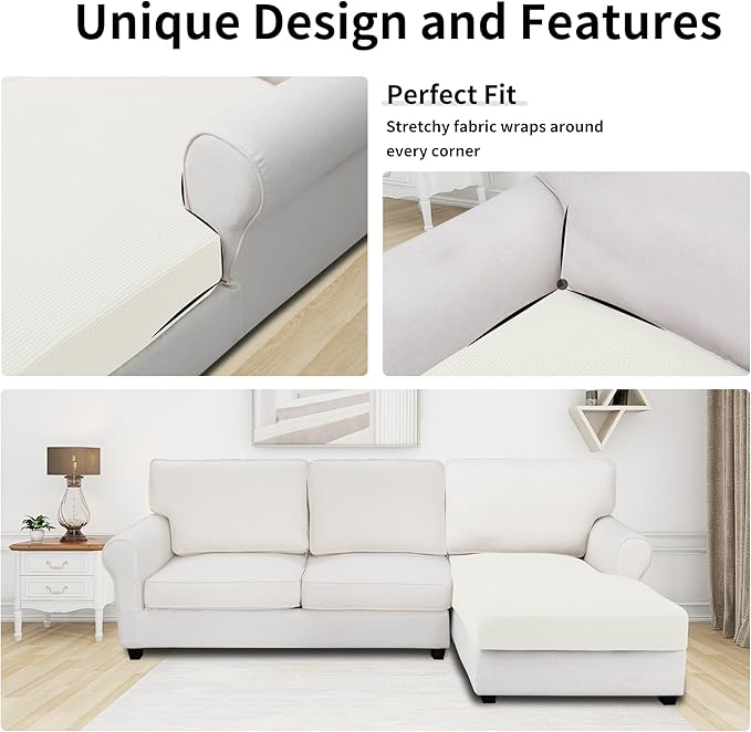 Easy-Going Stretch Sectional Couch Covers 1 Piece Chaise Lounge Slipcover L Shape Separate Cushion Couch Seat Chaise Cover for Both Left/Right Sectional Couch Cream