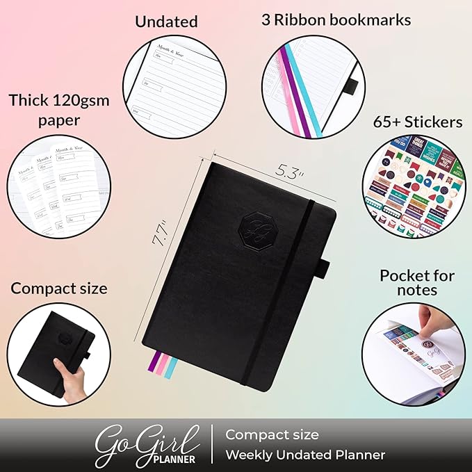 GoGirl Planner and Organizer for Women – Compact Size Weekly Planner, Goals Journal & Agenda to Improve Time Management, Productivity & Live Happier. Undated – Start Anytime, Lasts 1 Year – Black