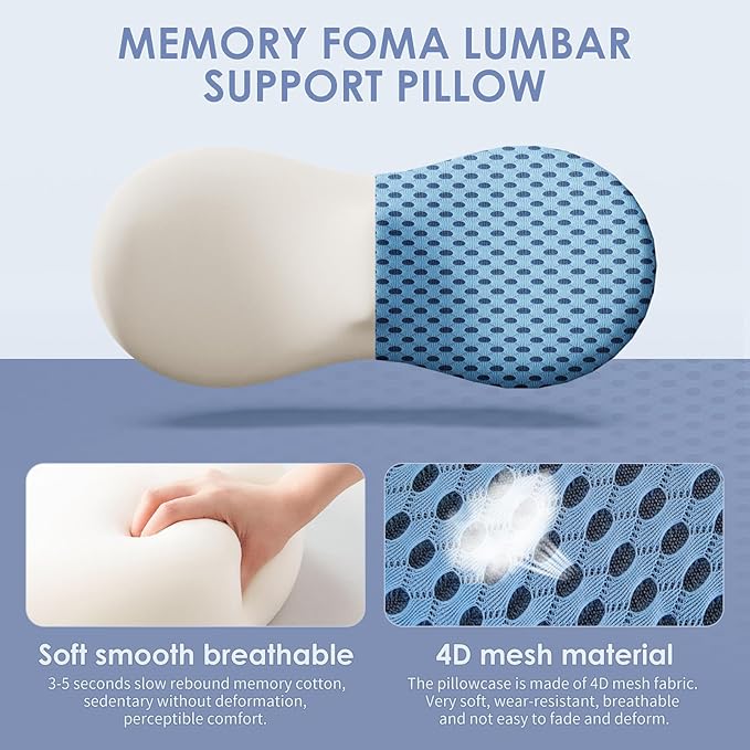 Lumbar Support Pillow Ergonomic Memory Foam, Relieve Back Pain, CMFY Breathable & Detachable & Washable, Perfect for Office Chairs, Car Seats, Beds (Blue)
