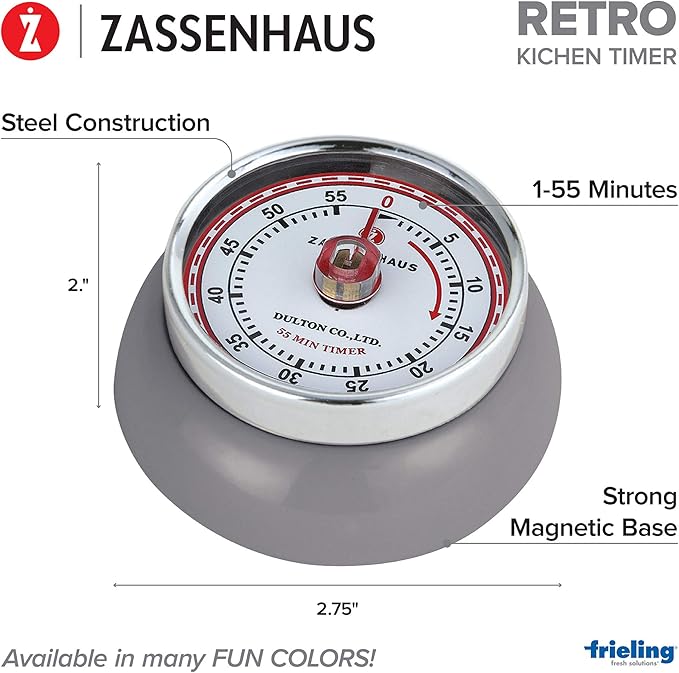 Zassenhaus Magnetic Retro 60 Minute Kitchen Timer, 2.75-Inch, Cool Gray