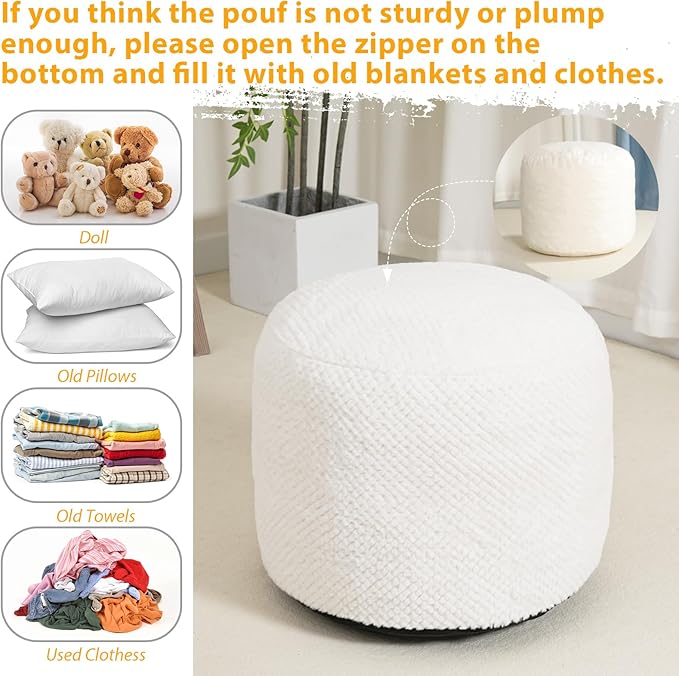 Round Stuffed Pouf Ottoman for Foot Rest, Faux Fur Poufs with Foam Chunk Filling, Storage Ottoman Pouf Foot Stool Cushion, 26 X 18 Inch Floor Chair for Living Room Bedroom Home Decor, White