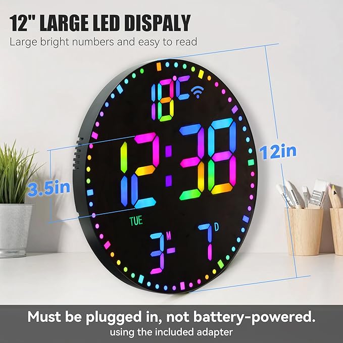Kasbin 12” Smart Digital Wall Clock with App Control, Auto Brightness, Dual Alarm, Date/Temp(°F/°C) Display - 12 RGB Colors for Bedroom, Living Room, Office, Ideal Gift for Seniors