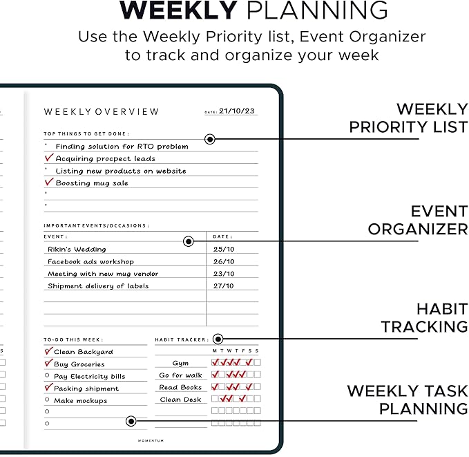 MOMENTUM PLANNER - Daily, Weekly, Monthly Business Productivity Planner Kit, Black Undated A5 size Planner - 192 Pages Journal Motivational stickers & Post cards - for Office, Students 2025