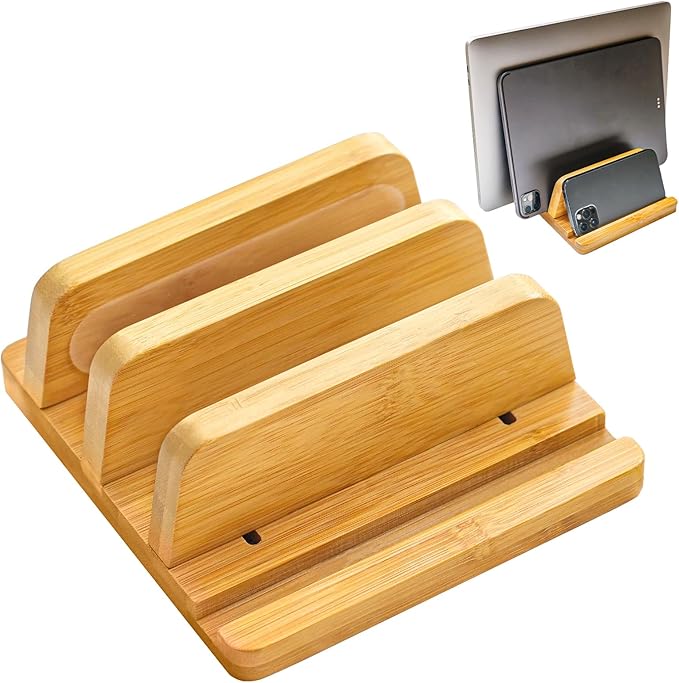 Vertical Laptop Stand for Desk, Double Stand Holder with Adjustable Dock 0.98" to 1.77", Fits All MacBook/Surface/Samsung/HP/Dell/Chrome Book, Natural Bamboo