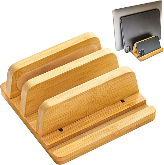 Vertical Laptop Stand for Desk, Double Stand Holder with Adjustable Dock 0.98" to 1.77", Fits All MacBook/Surface/Samsung/HP/Dell/Chrome Book, Natural Bamboo