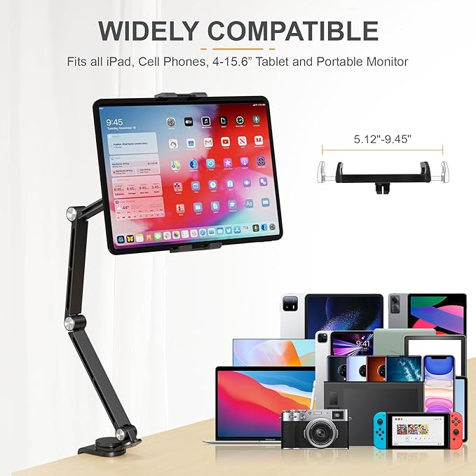 Tablet Stand Holder, Adjustable Foldable Tablet Arm iPad Desk Mount with 360°Rotate Base, Phone Holder iPad Stand for Desk and Bed, Compatible with Tablets, Phones or Other 4-15.6" Device