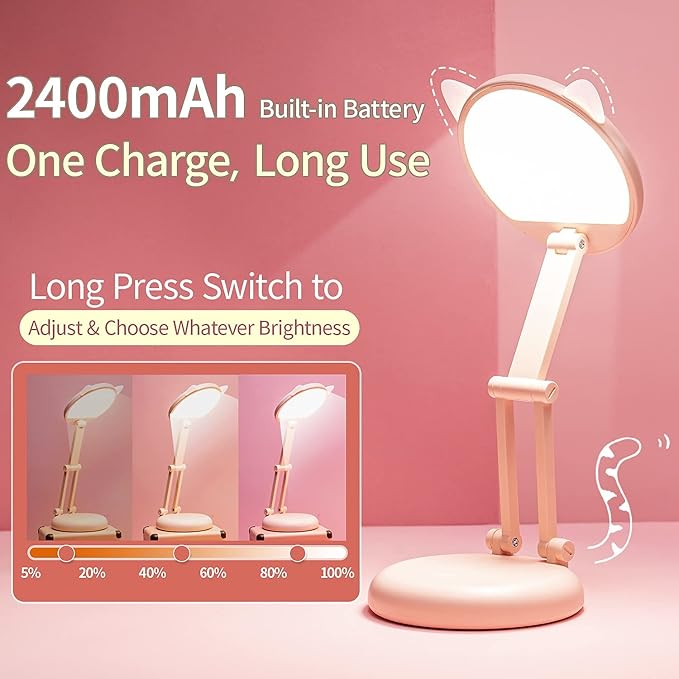 One Fire Cute Desk Lamp Pink Dorm Lamps for College Girls Foldable Portable Rechargeable Dimmable Cute Cat Lamp Kawaii Room Decor,College Dorm Decor for Girls Pink Classroom Essentials