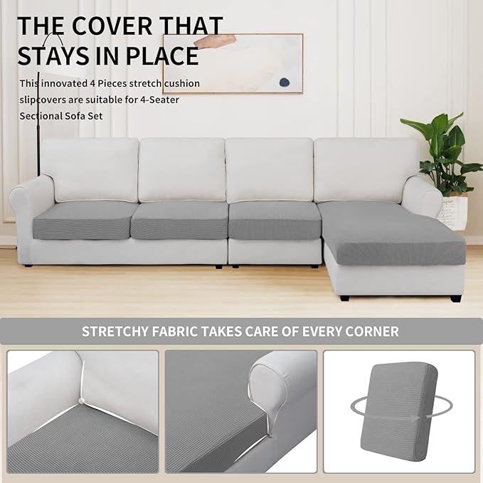 Easy-Going Stretch 4 Pieces Couch Cushion Covers for Sectional Sofa Left/Right L Shape Chaise Lounge Sofa Seat slipcover Anti-Slip Sofa Cover Soft (3 Seater + 1 Chaise, Light Gray)