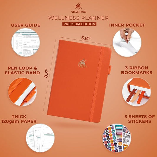 Clever Fox Wellness Planner - Weekly & Daily Health and Wellness Log, Food Journal & Meal Planner Diary for Calorie Counting, Notebook for Medical Condition Tracking, A5-Sized - Orange