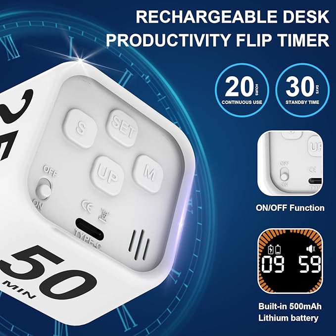 Rotating Cube Visual Timer 5, 25, 10, 50 Min Preset + Custom Countdown, Rechargeable Desk Productivity Flip Timer w/Silicone Case, Silent Mode, Ideal for ADHD Tool Study Work School (White)