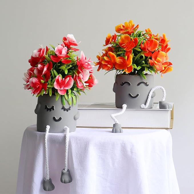 Zerzsy Cute Artifical Plants in Cement Pots, Small Fake Plants for Office Decorations, Mini Faux Succulents for Home Desk Shelf Decor-Set of 2