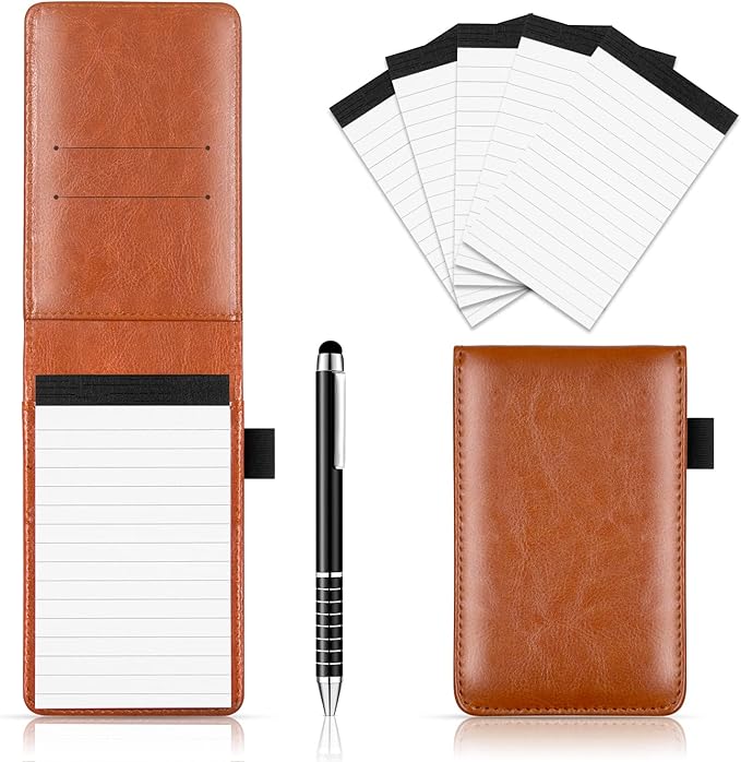 Xhwykzz 7 Pcs Small Pocket Notepad Holder Set, Pocket Notebook with pen for offices, schools, restaurants (Brown)