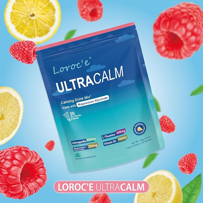 UltraCalm Super Cortisol Drink with Magnesium Glycinate, Ashwagandha, L-Theanine, Vitamin D3, Magnesium Powder for Sleep & Stress Relief, Raspberry Lemonade (30 Servings)