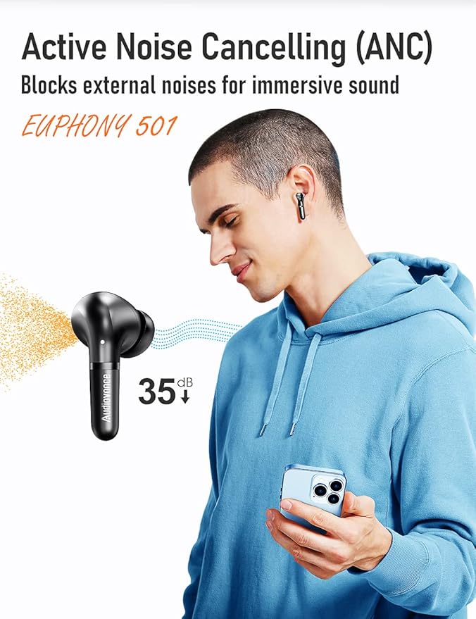 Euphony 501 Wireless Earbuds Bluetooth Headphones for iPhone and Android, Active Noise Cancelling Wireless Ear Buds (EU501)