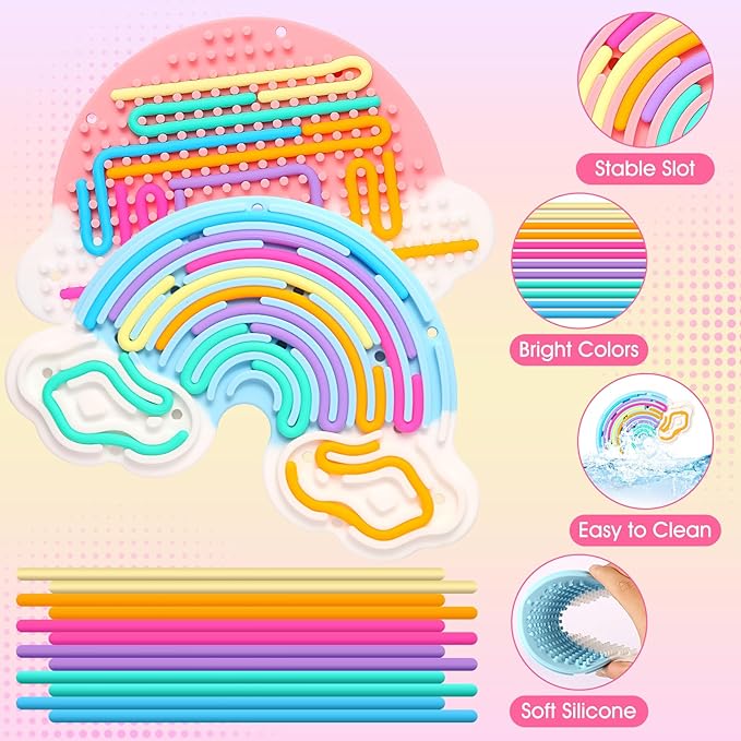 2pcs Fidget Toys Sensory Activity Board, Silicone Sensory Toys for Anxiety Autistic ADHD Calming, Kids 3+ & Adults, Travel Bag & 24 Strings, Rainbow (Pink & Blue)
