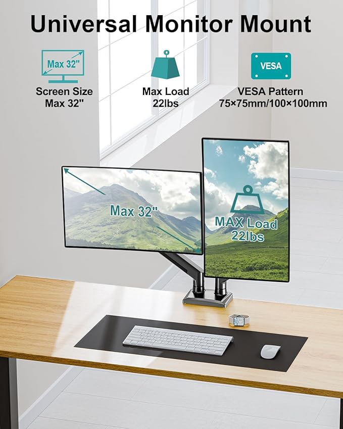 Dual Monitor Arm Desk Mount Fits 13 to 32 inch Computer Screens, Holds 4.4 to 22lbs Display VESA Mount, Adjustable Double Monitor Stand with Clamp/Grommet Base, 75/100mm Bracket, Black, Freelift
